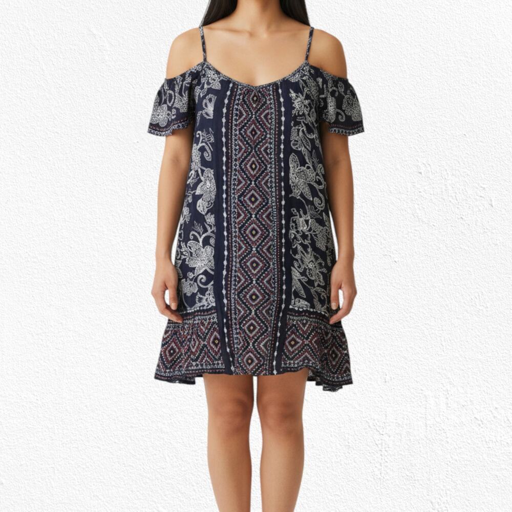 Band of Gypsies Navy Southwestern Off the Shoulder Boho Mini Dress Size Small